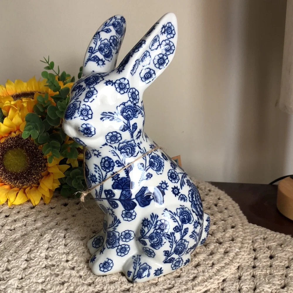 Blue and White Floral Ceramic Bunny Figurine - Home Art Accent